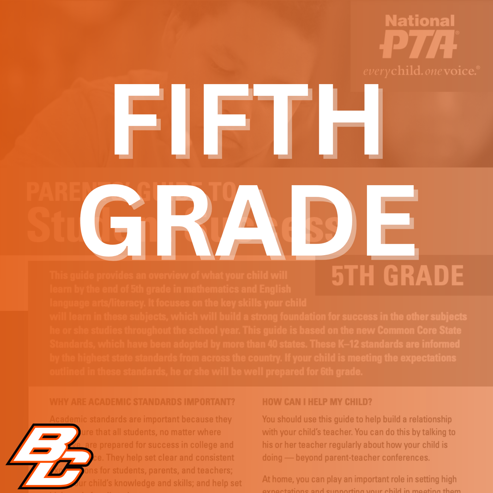 Parent’s Guide to Student Success for 5th grade: This guide provides an overview of what your child will learn by the end of 5th grade in mathematics and English language arts/literacy. It focuses on the key skills your child will learn in these subjects, which will build a strong foundation for success in the other subjects he or she studies throughout the school year. This guide is based on the new Common Core State Standards, which have been adopted by more than 40 states. These K-12 standards are informed by the highest state standards from across the country. If your child is meeting the expectations outlined in these standards, he or she will be well prepared for 6th grade.  Why are academic standards important? Academic standards are important because they help ensure that all students, no matter where they live, are prepared for success in college and the workforce. They help set clear and consistent expectations for students, parents, and teachers; build your child's knowledge and skills; and help set high goals for all students.  Of course, high standards are not the only thing needed for our children's success. But standards provide an important first step - a clear roadmap for learning for teachers, parents, and students. Having clearly defined goals helps families and teachers work together to ensure that students succeed. Standards help parents and teachers know when students need extra assistance or when they need to be challenged even more. They also will help your child develop critical thinking skills that will prepare him or her for college and career.  How can I help my child? You should use this guide to help build a relationship with your child's teacher. You can do this by talking to his or her teacher regularly about how your child is doing - beyond parent-teacher conferences.  At home, you can play an important role in setting high expectations and supporting your child in meeting them. If your child needs a little extra help or wants to learn more about a subject, work with his or her teacher to identify opportunities for tutoring, to get involved in clubs after school, or to find other resources.  This guide includes: An overview of some of the key things your child will learn in English/literacy and math in 5th grade, ideas for activities to help your child learn at home and topics of discussion for talking to your child's teacher about his or her academic progress.