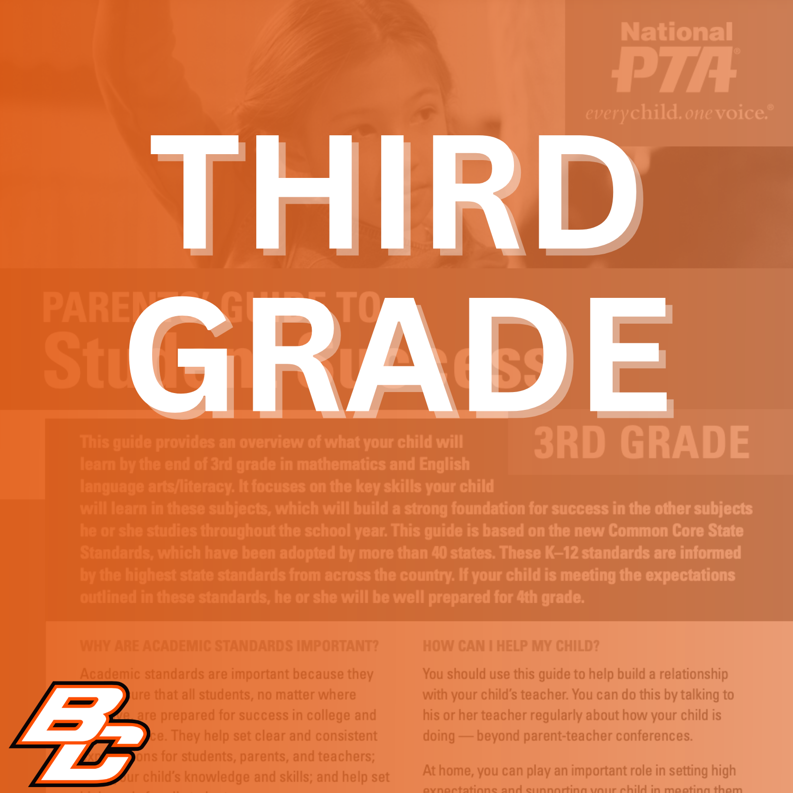 Parent’s Guide to Student Success for 3rd grade: This guide provides an overview of what your child will learn by the end of 3rd grade in mathematics and English language arts/literacy. It focuses on the key skills your child will learn in these subjects, which will build a strong foundation for success in the other subjects he or she studies throughout the school year. This guide is based on the new Common Core State Standards, which have been adopted by more than 40 states. These K-12 standards are informed by the highest state standards from across the country. If your child is meeting the expectations outlined in these standards, he or she will be well prepared for 4th grade.  Why are academic standards important? Academic standards are important because they help ensure that all students, no matter where they live, are prepared for success in college and the workforce. They help set clear and consistent expectations for students, parents, and teachers; build your child's knowledge and skills; and help set high goals for all students.  Of course, high standards are not the only thing needed for our children's success. But standards provide an important first step - a clear roadmap for learning for teachers, parents, and students. Having clearly defined goals helps families and teachers work together to ensure that students succeed. Standards help parents and teachers know when students need extra assistance or when they need to be challenged even more. They also will help your child develop critical thinking skills that will prepare him or her for college and career.  How can I help my child? You should use this guide to help build a relationship with your child's teacher. You can do this by talking to his or her teacher regularly about how your child is doing - beyond parent-teacher conferences.  At home, you can play an important role in setting high expectations and supporting your child in meeting them. If your child needs a little extra help or wants to learn more about a subject, work with his or her teacher to identify opportunities for tutoring, to get involved in clubs after school, or to find other resources.  This guide includes: An overview of some of the key things your child will learn in English/literacy and math in 3rd grade, ideas for activities to help your child learn at home and topics of discussion for talking to your child's teacher about his or her academic progress.