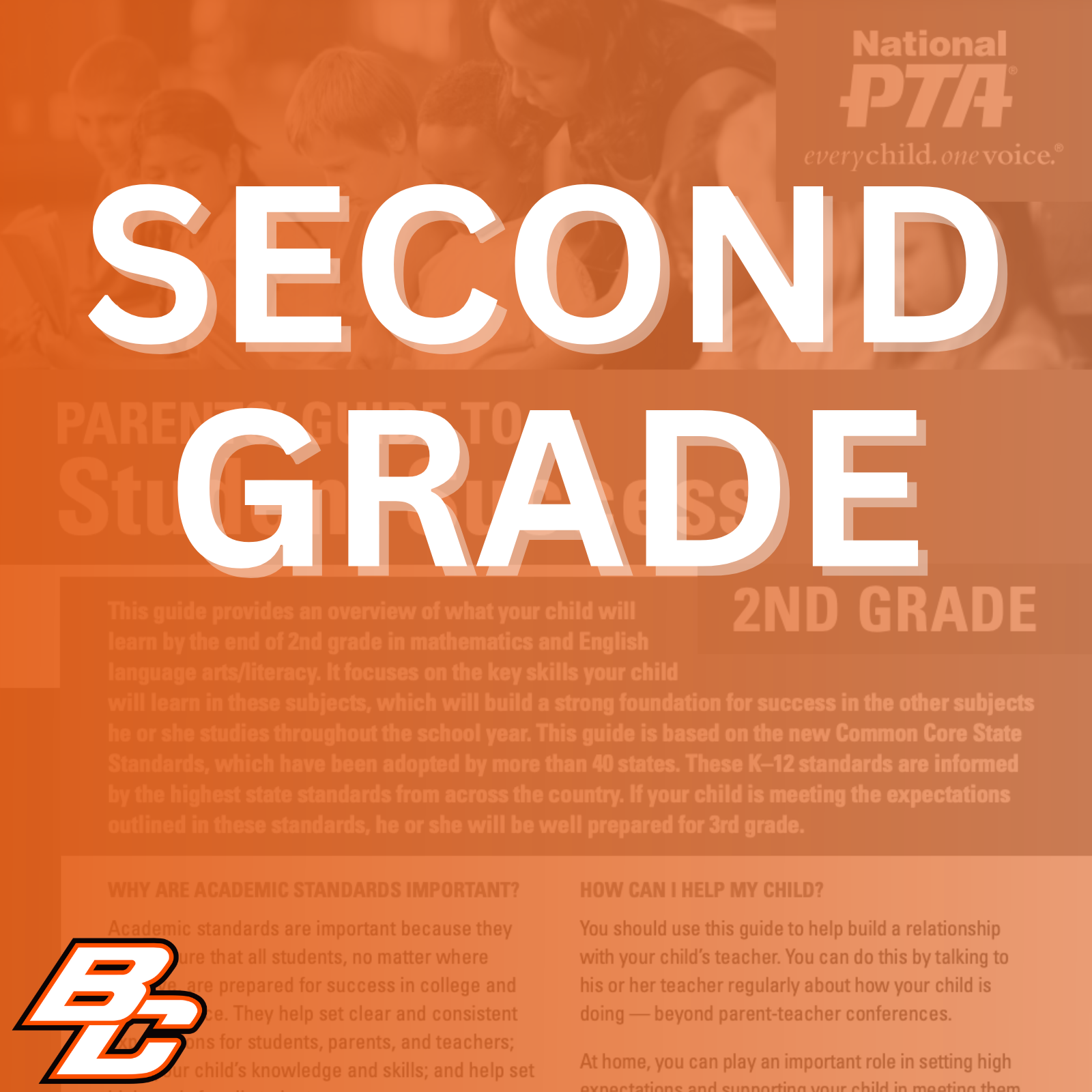 Parent’s Guide to Student Success for 2nd grade: This guide provides an overview of what your child will learn by the end of 2nd grade in mathematics and English language arts/literacy. It focuses on the key skills your child will learn in these subjects, which will build a strong foundation for success in the other subjects he or she studies throughout the school year. This guide is based on the new Common Core State Standards, which have been adopted by more than 40 states. These K-12 standards are informed by the highest state standards from across the country. If your child is meeting the expectations outlined in these standards, he or she will be well prepared for 3rd grade.  Why are academic standards important? Academic standards are important because they help ensure that all students, no matter where they live, are prepared for success in college and the workforce. They help set clear and consistent expectations for students, parents, and teachers; build your child's knowledge and skills; and help set high goals for all students.  Of course, high standards are not the only thing needed for our children's success. But standards provide an important first step - a clear roadmap for learning for teachers, parents, and students. Having clearly defined goals helps families and teachers work together to ensure that students succeed. Standards help parents and teachers know when students need extra assistance or when they need to be challenged even more. They also will help your child develop critical thinking skills that will prepare him or her for college and career.  How can I help my child? You should use this guide to help build a relationship with your child's teacher. You can do this by talking to his or her teacher regularly about how your child is doing - beyond parent-teacher conferences.  At home, you can play an important role in setting high expectations and supporting your child in meeting them. If your child needs a little extra help or wants to learn more about a subject, work with his or her teacher to identify opportunities for tutoring, to get involved in clubs after school, or to find other resources.  This guide includes: An overview of some of the key things your child will learn in English/literacy and math in 2nd grade, ideas for activities to help your child learn at home, and topics of discussion for talking to your child's teacher about his or her academic progress.