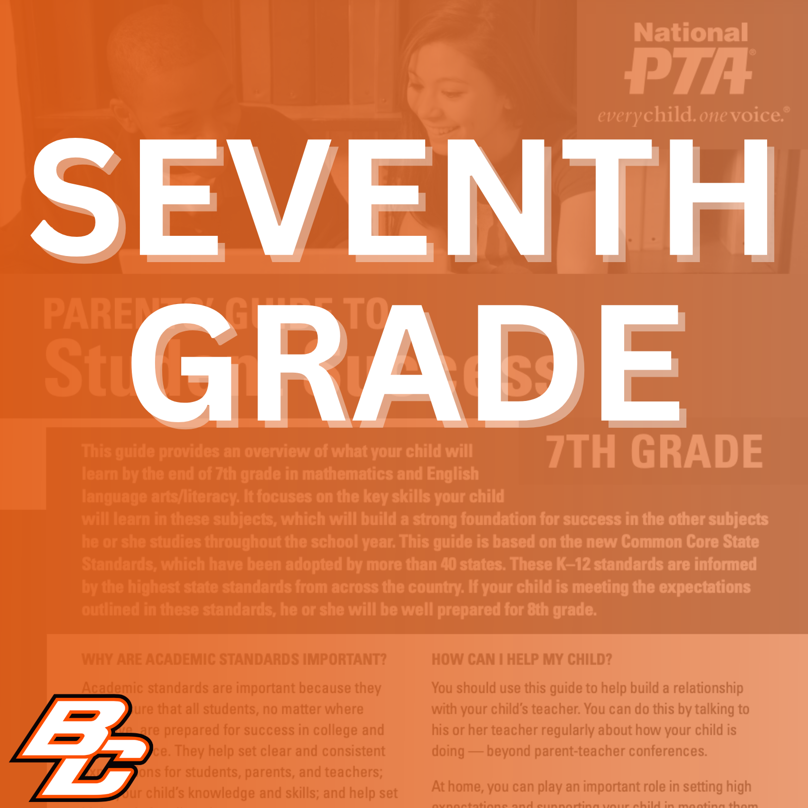 Parent’s Guide to Student Success for 7th grade: This guide provides an overview of what your child will learn by the end of 7th grade in mathematics and English language arts/literacy. It focuses on the key skills your child will learn in these subjects, which will build a strong foundation for success in the other subjects he or she studies throughout the school year. This guide is based on the new Common Core State Standards, which have been adopted by more than 40 states. These K-12 standards are informed by the highest state standards from across the country. If your child is meeting the expectations outlined in these standards, he or she will be well prepared for 8th grade.  Why are academic standards important? Academic standards are important because they help ensure that all students, no matter where they live, are prepared for success in college and the workforce. They help set clear and consistent expectations for students, parents, and teachers; build your child's knowledge and skills; and help set high goals for all students.  Of course, high standards are not the only thing needed for our children's success. But standards provide an important first step - a clear roadmap for learning for teachers, parents, and students. Having clearly defined goals helps families and teachers work together to ensure that students succeed. Standards help parents and teachers know when students need extra assistance or when they need to be challenged even more. They also will help your child develop critical thinking skills that will prepare him or her for college and career.  How can I help my child? You should use this guide to help build a relationship with your child's teacher. You can do this by talking to his or her teacher regularly about how your child is doing - beyond parent-teacher conferences.  At home, you can play an important role in setting high expectations and supporting your child in meeting them. If your child needs a little extra help or wants to learn more about a subject, work with his or her teacher to identify opportunities for tutoring, to get involved in clubs after school, or to find other resources.  This guide includes: An overview of some of the key things your child will learn in English/literacy and math in 7th grade, ideas for activities to help your child learn at home and topics of discussion for talking to your child's teacher about his or her academic progress.